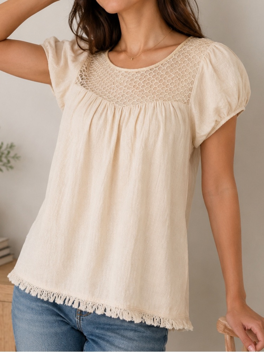 Free People Boho Flowy Top with Mesh Details